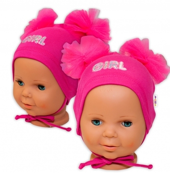 Bavlněná čepička na zavazování Baby Nellys s mašličkami Tutu - tm. růžová; 56/62 (0-3m)