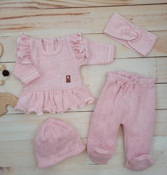 Pletená ažurková sada 4D, tunika, polodupačky, čepička + čelenka Kazum, růžová, vel. 68; 68 (3-6m)