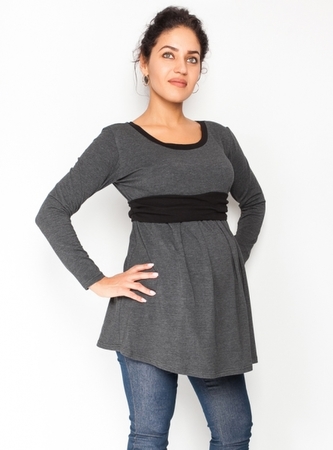 Be MaaMaa Těhotenská tunika s páskem, dlouhý rukáv Amina -  grafit/pásek černý,vel. XS; XS (32-34)