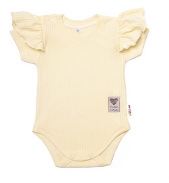 Baby Nellys Bavlněné žebrované body s volánkem, kr. rukáv, Summer Girl - žluté; 56 (1-2m)