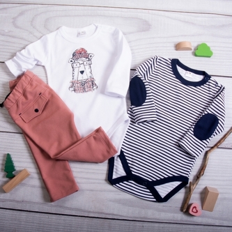 K-Baby 3-dílná sada, 2x body dlouhý rukáv, tepláčky - Detektiv, proužek/korálová; 62 (2-3m)