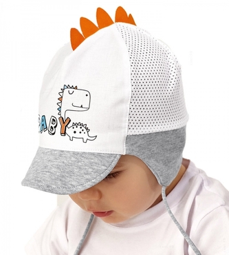 Letní čepička s kšiltem na zavazování Baby Nellys, Dino Baby, bílo/šedá, vel. 56/62