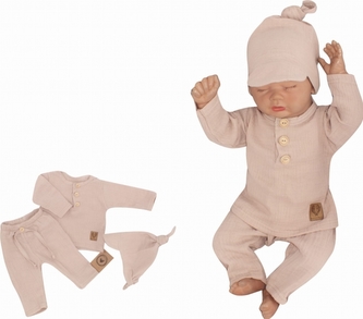 Mušelínové triko dl. rukáv, kalhoty + šátek uzlík, 3D sada, Z&Z, béžová; 56 (1-2m)