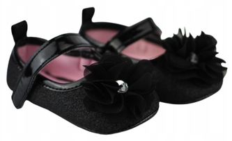 Kojenecké capáčky/botičky s kytičkou, brokát/černé, Baby Nellys, vel. 6/12 m; 68-80 (6-12m)