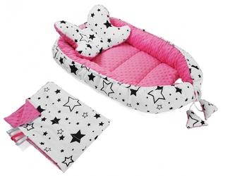 Sada komplet - oboustranné hnízdečko, kokon minky 60x90cm - Hvězdičky, minky růžová