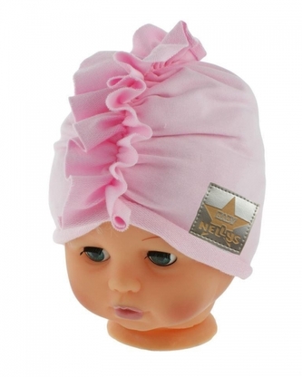 Baby Nellys Jarní/podzimní bavlněná čepice - turban, sv. růžová; 68/74 (6-9m)