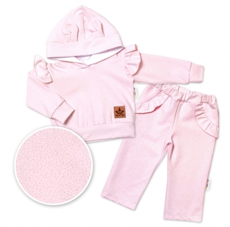 BABY NELLYS Dětská tepláková souprava s kapucí, volánky a oušky, růžová , vel. 92