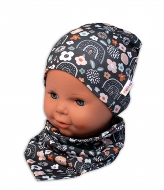 Baby Nellys Dvouvrstvá čepice + šátek Palouček, grafit, vel. 92/98; 92/98 (18-36m)