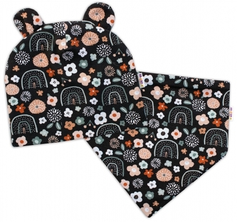 Baby Nellys Dvouvrstvá čepice s oušky + šátek Palouček, grafit, vel. 80/92; 80-92 (12-24m)