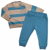 Tepláková souprava 2D, bavlna, proužek - modrá/béžová