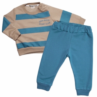 Tepláková souprava 2D, bavlna, proužek - modrá/béžová