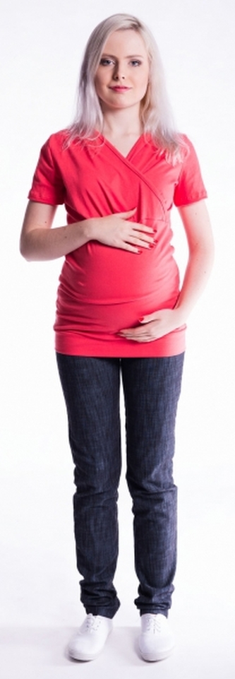 Be MaaMaa Těhotenské a kojící triko s kapucí, kr. rukáv - korál; S/M