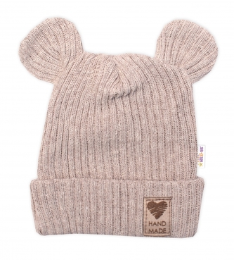 Pletená bavlněná čepice s oušky, dvouvrstvá, Hand Made Baby Nellys, béžová, vel.. 68/74; 68/74 (6-9m)