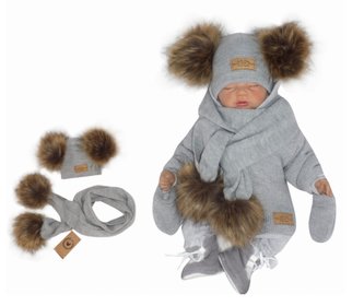 Z&Z Zimní čepice s bambulemi z kožešinky a šálou 2V1, šedá; 56-68 (0-6 m)