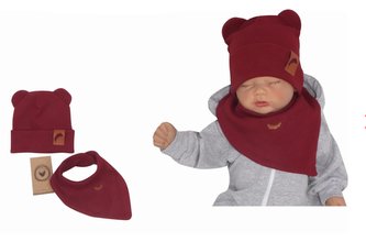 Z&Z Dvouvrstvá žebrovaná čepička s oušky + šátek, bordo, 92/98; 92/98 (18-36m)