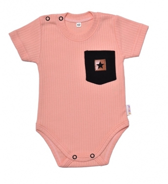 Baby Nellys Bavlněné žebrované body s kapsičkou, kr. rukáv, Summer Boy - meruňkové, vel.62; 62 (2-3m)