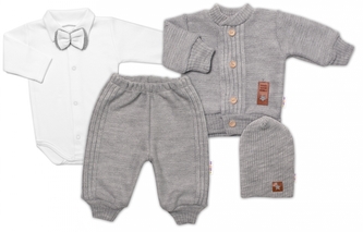 5-dílná pletená sada Baby Nellys, Boy, body, kalhoty, svetr, čepička, motýlek - šedá
; 56 (1-2m)