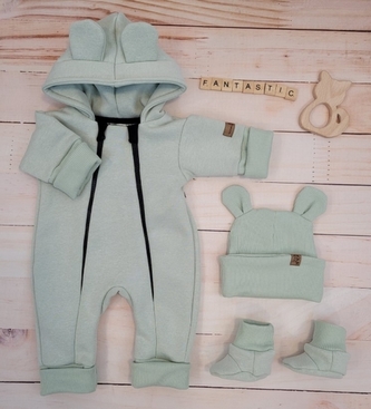 Oteplený dětský overal bez šlapek s kapucí, čepička + botičky, 3D, Kazum, mátový, vel. 62