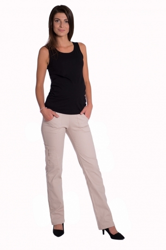 Be MaaMaa Bavlněné, těhotenské kalhoty s kapsami - béžové;  S (36)