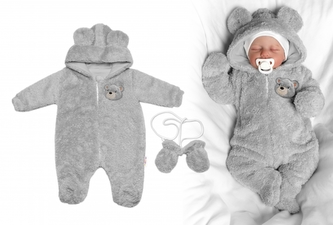 Chlupáčkový overal Luna s kapucí + rukavičky, Baby Nellys, Medvídek, sv. šedý, vel. 74/80; 74/80 (9-12m)