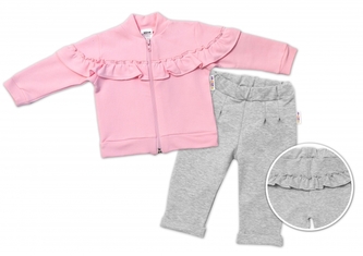 BABY NELLYS Dětská tepláková souprava s volánkem SWEET LADY - růžová, šedá