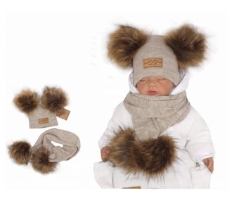 Z&Z Zimní čepice s bambulemi z kožešinky a šálou 2v1, béžová, vel. 68/80; 68-80 (6-12m)