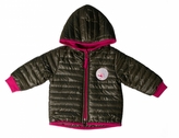 Přechodová prošívaná bunda s kapucí - olivová/růžová, vel. 92; 92 (18-24m)