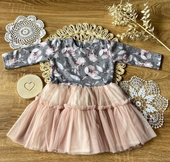 Šaty s tylovou sukní dlouhý rukáv, Pivoňka, Mamatti, meruňkovo/šedé, vel. 104/110; 104/110 (3-5r)