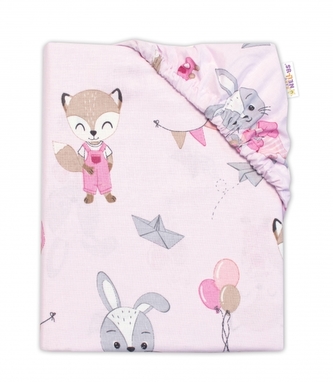 Baby Nellys Dětské bavlněné prostěradlo do postýlky, Liška a zajíc, růžové, 70x140 cm; 140x70