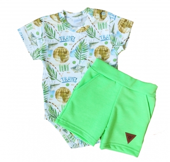 Body kr. rukáv + kraťásky s kapsami 2D sada, Cestovatel, G-baby, zelené, vel. 74; 74 (6-9m)