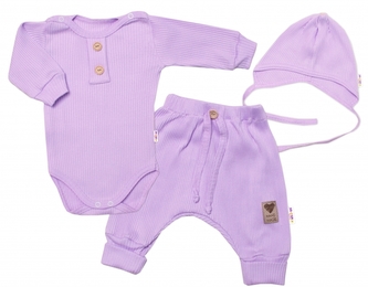 Baby Nellys 3-dílná žebrovaná soupr. Hand Made, body, tepláčky a čepička, lila,vel.68; 68 (3-6m)
