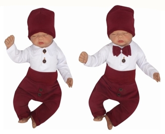 Z&Z 4-dílná soupravička body, tepláčky, čepička a motýlek, bílá/bordó, vel. 86; 86 (12-18m)