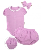 Baby Nellys 3-dílná mušelínová soupravička, body, kraťasky + čelenka GIRL, lila, vel. 68; 68 (3-6m)