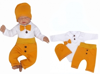 Bavlněná soupravička body, tepláčky, čepička a motýlek 4D, Z&Z, bílá/hořčicová; 56 (1-2m)