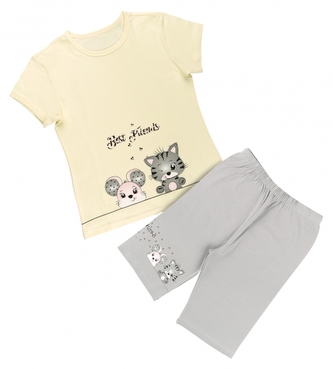 Donella Dívčí bavlněné pyžámko, kr. rukáv + kraťásky - Best Friends, žlutá/šedá, 134/140; 134 (8-9r); 140 (9-10r)