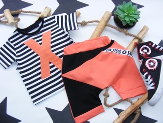 G-baby 2-dílná sada tričko kr. rukáv, kraťásky New Boss X - proužek, cihlová, vel. 92; 92 (18-24m)