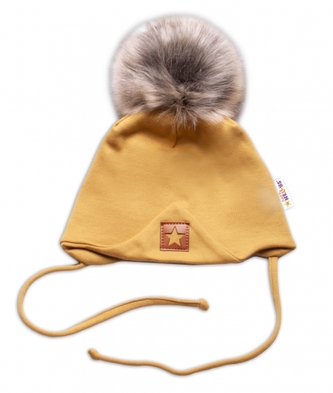 Zimní,podzimní bavlněná dvouvrstvá čepice s bambulí Star, hořčicová,vel.68/80; 68-80 (6-12m)