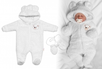 Chlupáčkový overal Luna s kapucí + rukavičky, Baby Nellys, Medvídek, bílý, vel. 74/80; 74/80 (9-12m)