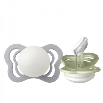 Ortodontické silikonové dudlíky BIBS Night, 2 ks - 0 m+, šedá/olivová