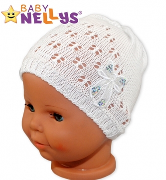 Háčkovaná čepička Mašle Baby Nellys ® - s flitry - bílá; 56/62 (0-3m)