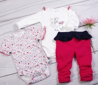 K-Baby 3 dílná sada - 2x body dlouhý a krátký rukáv, legínky s volánkem - Motýlek; 62 (2-3m)