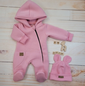Oteplený dětský overal se šlapkama a kapucí + čepička, 2D, Kazum, růžový, vel. 74; 74 (6-9m)