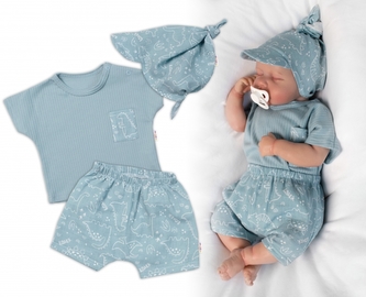 Triko kr. rukáv,  kraťasky + šátek, mušelín, Dino, Baby Nellys, mátové, vel. 86; 86 (12-18m)