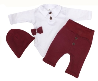 Z&Z 4-dílná soupravička body, tepláčky, čepička a motýlek, bílá/bordó, vel. 80; 80 (9-12m)