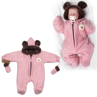 Oteplená pletená kombinéza s rukavičkama Teddy Bear, Baby Nellys, dvouvrstvá,růžová,vel.68; 68 (3-6m)