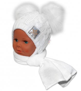 Zimní čepička s šálou - chlupáčkové bambulky - bílá,bílé bambulky; 68-86 (6-18m)