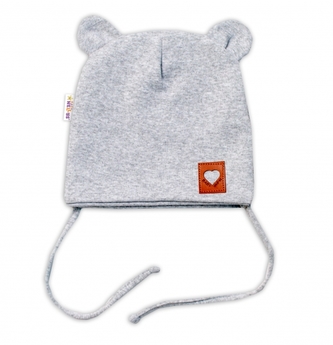 Baby Nellys Bavlněná dvouvrstvá čepice s oušky na zavazování TEDDY - šedý melírek, 80/86