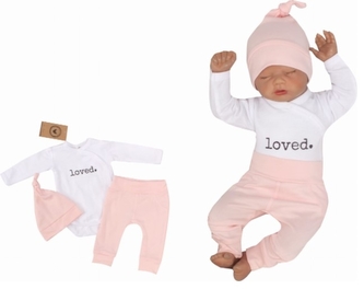 Z&Z 3-dílná soupravička body, tepláčky a čepička Loved  - bílo/růžová, vel. 56; 56 (1-2m)