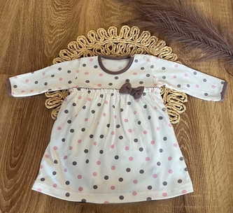 Bavlněné šaty s mašličkou, dl. rukáv, Puntík, Mamatti, smetanové s potiskem, vel. 74; 74 (6-9m)