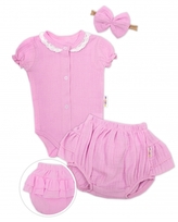 Baby Nellys 3-dílná mušelínová soupravička, body, kraťasky + čelenka GIRL, růžová, vel. 68; 68 (3-6m)